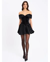 Miss Circle Women's Echo Black Velvet Off-shoulder Pleated Mini Dress