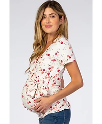 Pinkblush Maternity Ivory Floral Wrap Fitted Maternity/Nursing Top