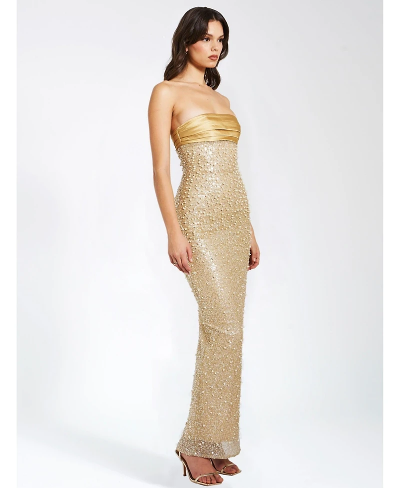 Miss Circle Women's Lainey Gold Satin Sequin Pearls Beaded Maxi Dress