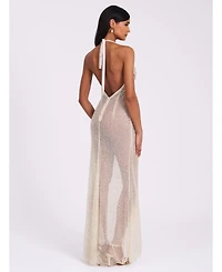 Miss Circle Women's Zahya Lime Halter Backless Beaded Mesh Gown