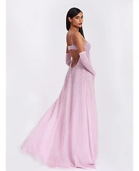 Miss Circle Women's Wallie Pink Rhinestone Embellished Mesh Backless Gown