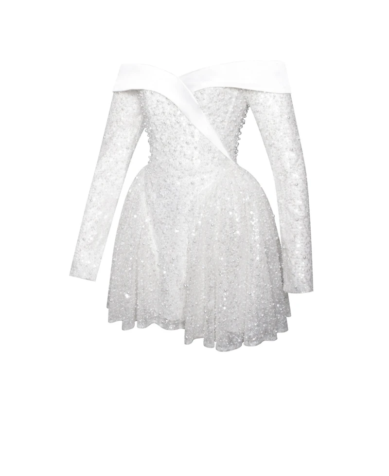 Miss Circle Women's Kira Bead Embroidered Mesh Off Shoulder Long Sleeve Mini Dress