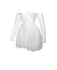 Miss Circle Women's Kira Bead Embroidered Mesh Off Shoulder Long Sleeve Mini Dress