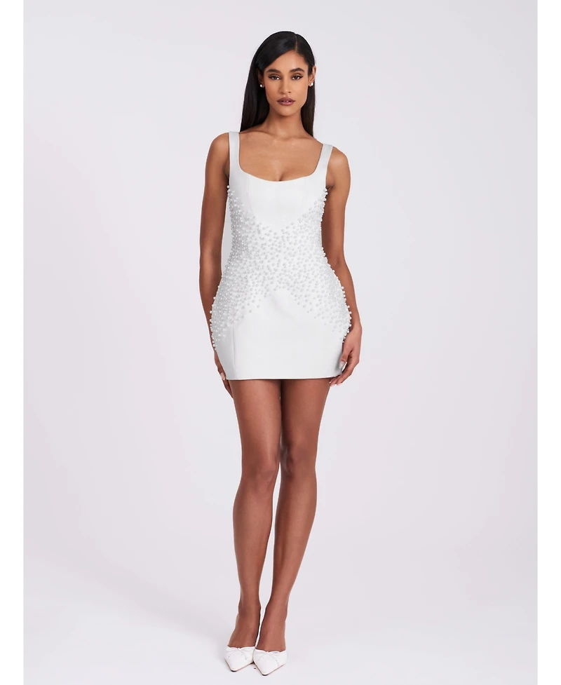 Miss Circle Women's Tais Pearl Beaded Cocoon Shape Sleeveless Mini Dress