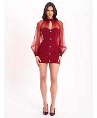 Miss Circle Women's Tabitha Burgundy Mesh Lantern Sleeve Mini Dress