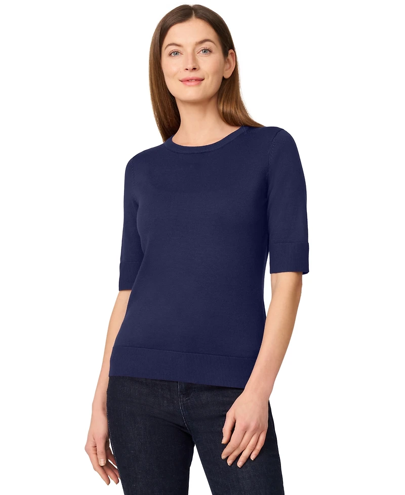 Melissa Paige Petite Crew-Neck Elbow-Sleeve Fine-Gauge Sweater