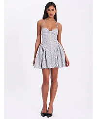 Miss Circle Women's Melody Black and White Plaid Tweed Halter Drop Waist Mini Dress