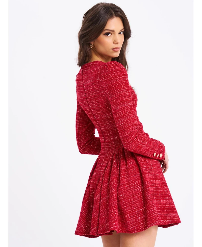Miss Circle Women's Tae Red Tweed Long Sleeve Drop Waist Mini Dress