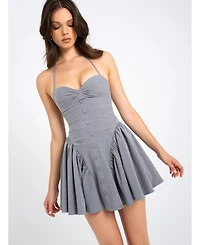 Miss Circle Women Melody Gray Stripe Halter Drop Waist Mini Dress