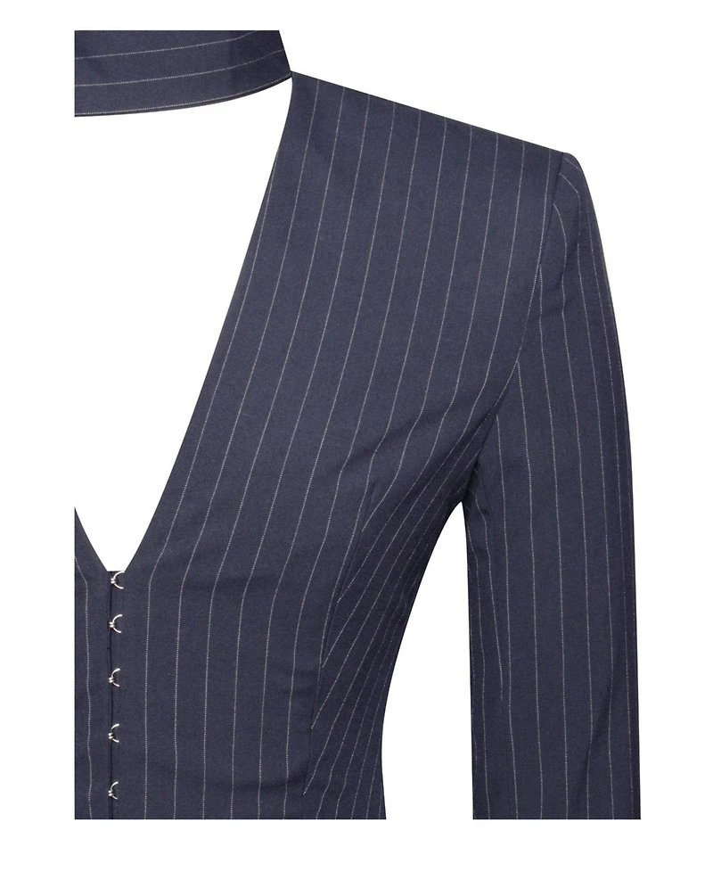 Miss Circle Women's Tahlia Deep V Pinstripes Navy Blue Blazer Dress with scarf collar