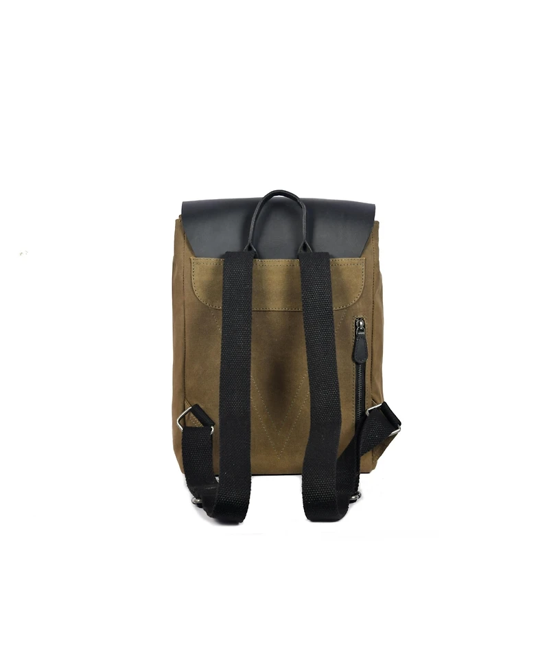 Aaron Leather Goods Waxed Canvas and Leather Flap Backpack with Buckle Closure, Drawstring Top, Laptop Sleeve, Rear Zipper Pocket, and Adjustable Stra