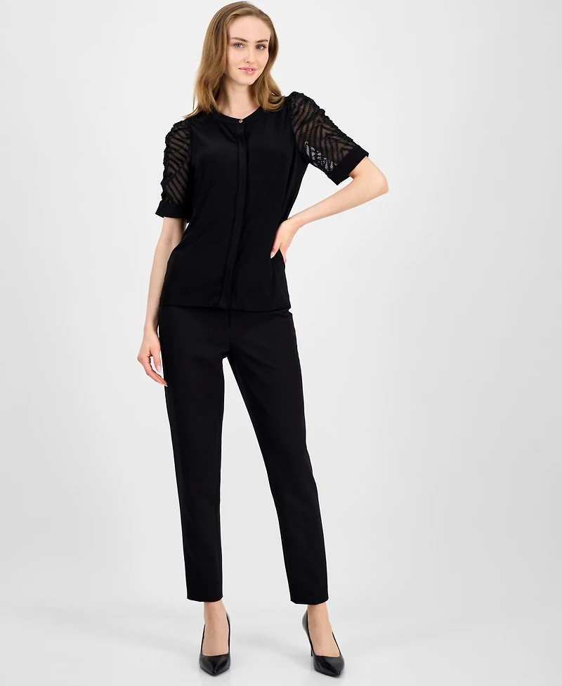 Anne Klein Women's Mixed-Media Puffed-Sleeve Blouse