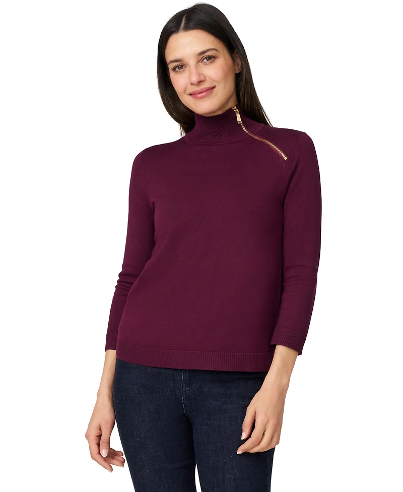 Melissa Paige Petite Mock Neck Asymmetric-Zip Sweater