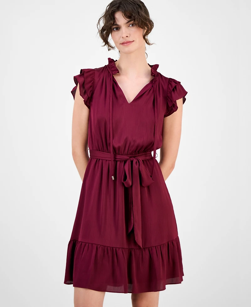 Anne Klein Women's Solid Tie-Waist Flutter-Sleeve Tiered Dress