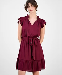 Anne Klein Women's Solid Tie-Waist Flutter-Sleeve Tiered Dress