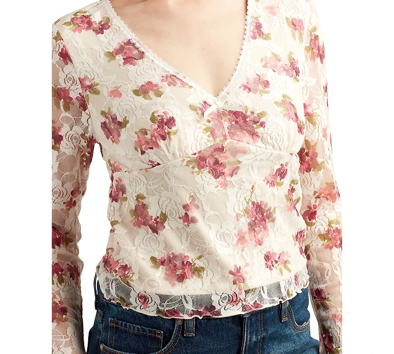 Bcx Juniors' Floral-Print Stretch Lace Long-Sleeve Top