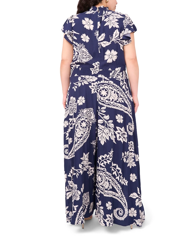Msk Plus Printed Mock-Neck Short-Sleeve Jumpsuit