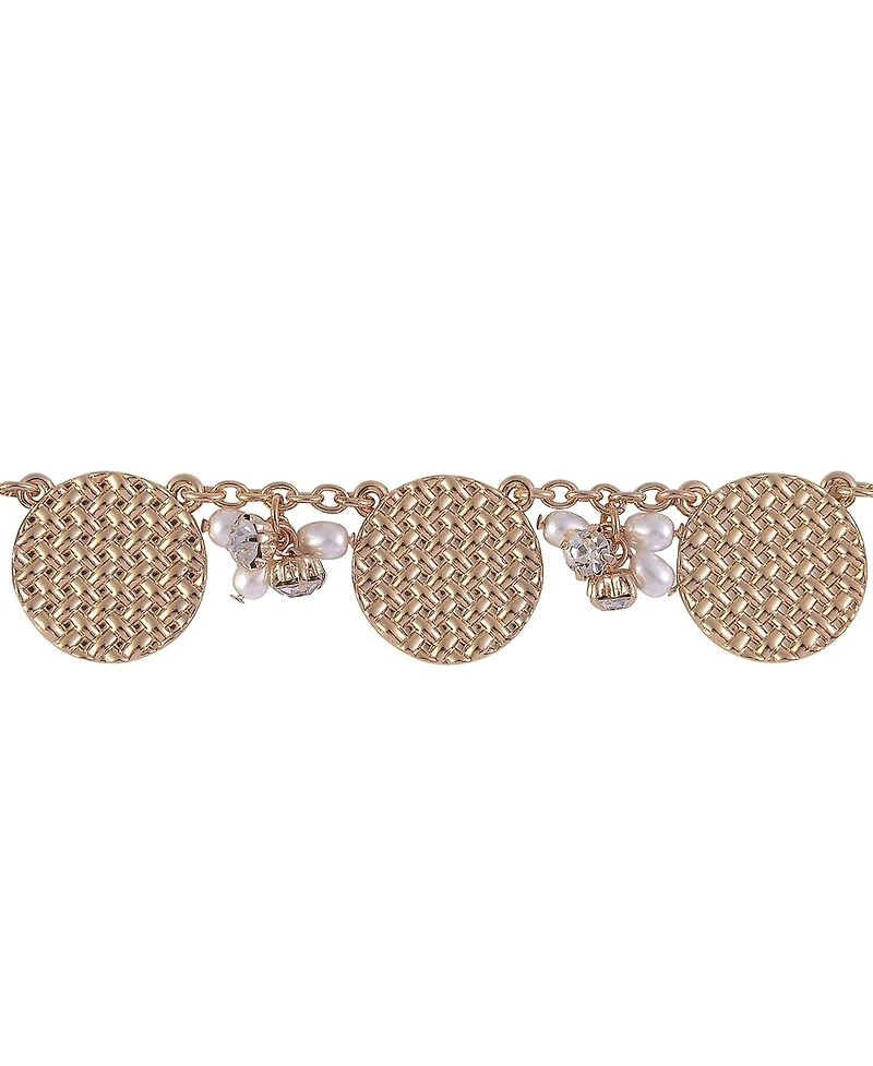 Laundry by Shelli Segal Textured Gld Tone Disc Frontal Necklace with Pearl Accents