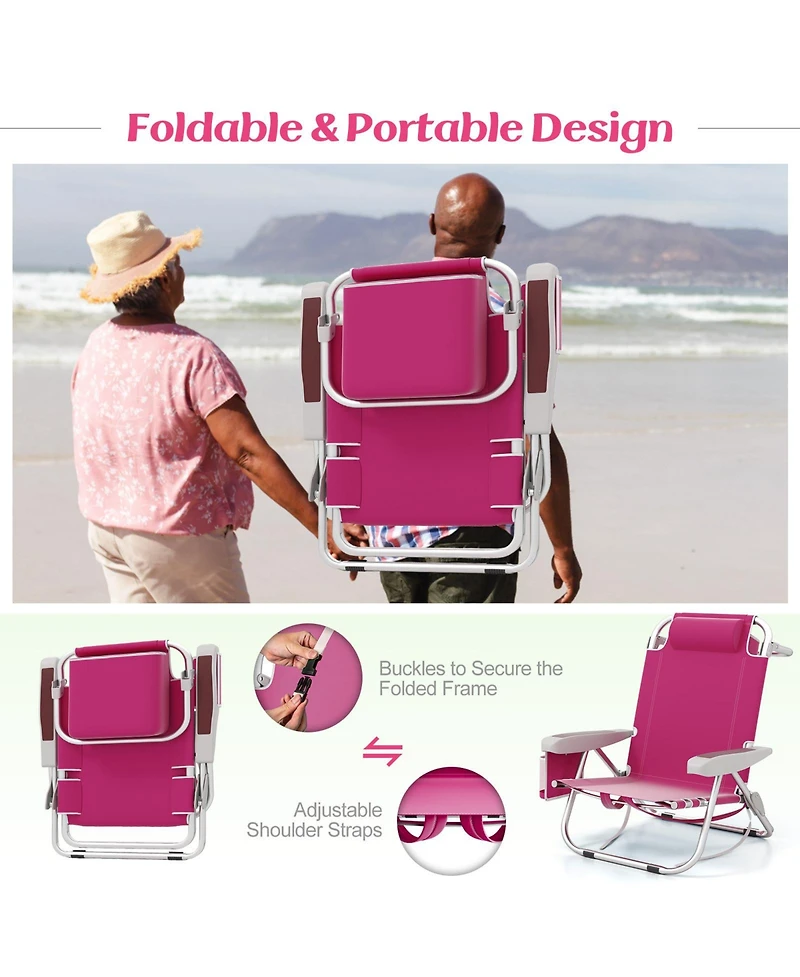 Foldable Backpack Beach Chair with Cup Holder and Storage Pockets for Outdoor