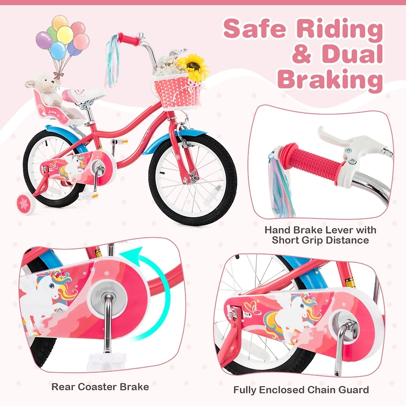 Girls Bike for 4-7 Years Old Kids Bike with Doll Seat and Training Wheels
