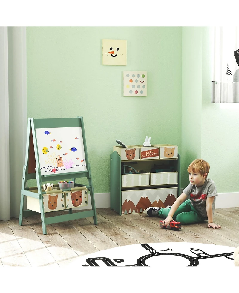 Qaba Kids Toy Organizer and Kids Easel Set with 6 Storage Bins, Paper Roll