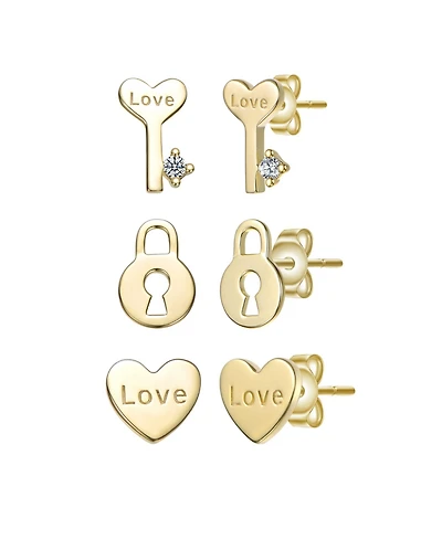 14K Gold Plated with Clear Cubic Zirconia Heart, Key & Lock "Love & Lock" Stud Earring 3-Piece Set