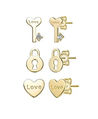 14K Gold Plated with Clear Cubic Zirconia Heart, Key & Lock "Love & Lock" Stud Earring 3-Piece Set