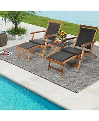 Gymax Patio Lounge Chair Set of 3 w/ Side Table Quick Folding Design Ottoman Outdoor