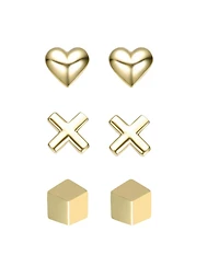 14K Gold Plated with Heart, Cross, & Cube 3D Design 3-Piece Stud Earrings Set