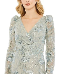 Mac Duggal Women's Embroidered Wrap Over Puff Sleeves Trumpet Gown
