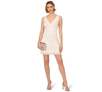 Adrianna Papell Women's Beaded Mesh V-Neck A-Line Dress