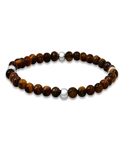 Steeltime Men's Sterling Silver and Tiger Eye Beaded Stretch Bracelet