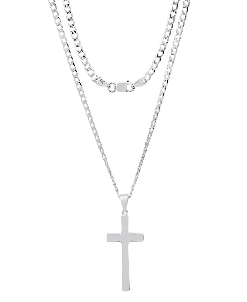 Steeltime Unisex Sterling Silver Cuban Superflat Chain and Cross Pendant Necklace