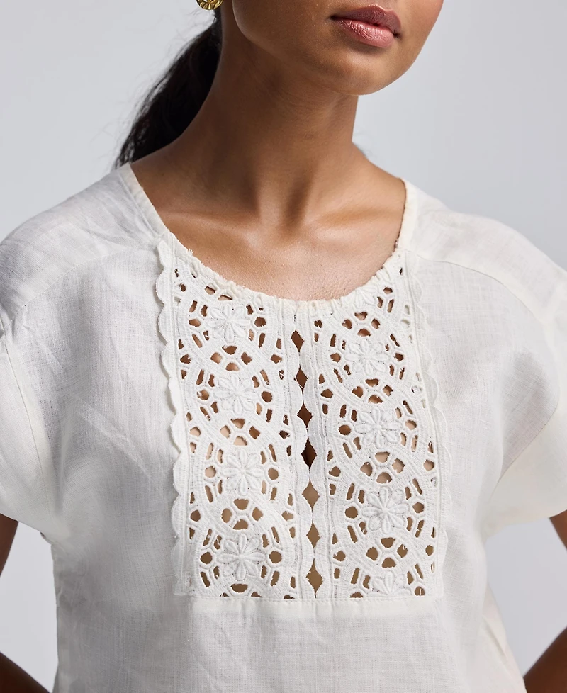 Reistor Women's Boxy Top with Embroidered Lace Detail
