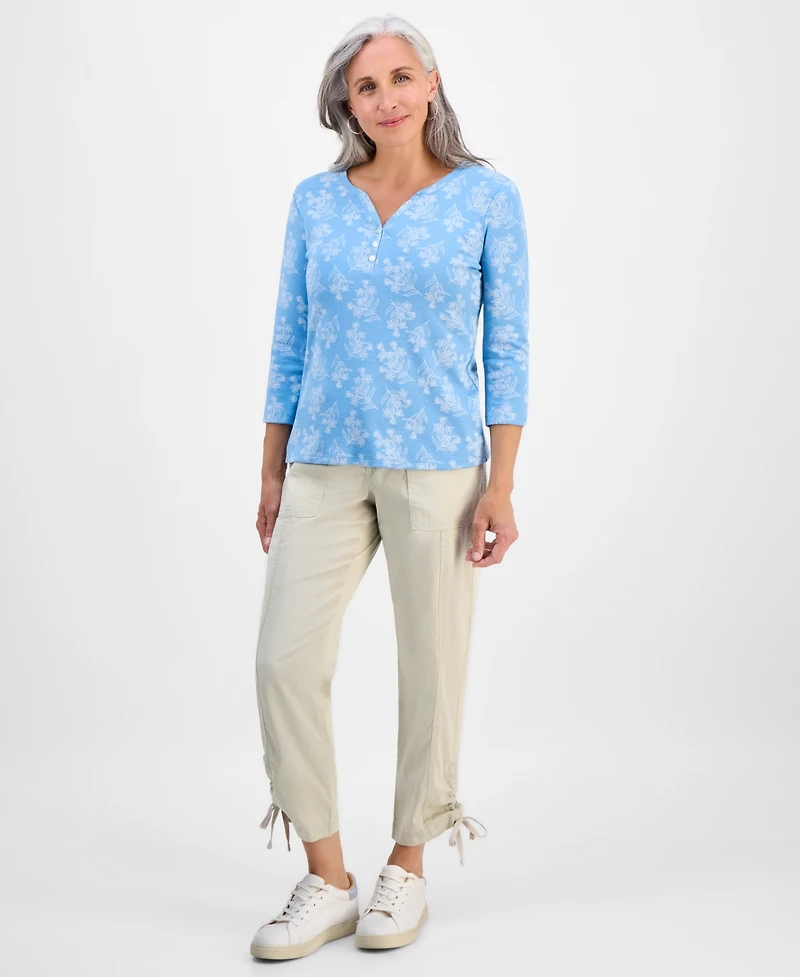 Style & Co Petite Printed 3/4-Sleeve Henley Knit Top, Exclusively at Macy's