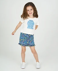 Rare Editions Little Girls 3-Piece Smiley Denim Jacket, Ruffle hem Skort, Crewneck T-Shirt Set