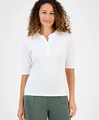 Style & Co Petite Pointelle Elbow-Sleeve Henley Knit Top, Exclusively at Macy's