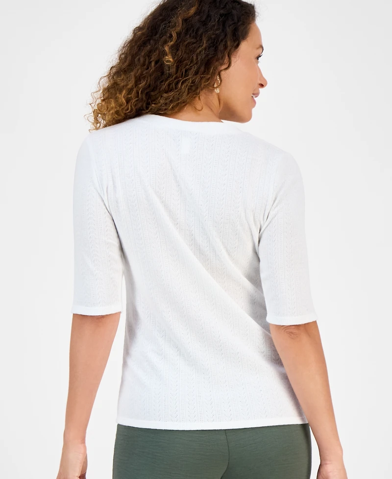 Style & Co Petite Pointelle Elbow-Sleeve Henley Knit Top, Exclusively at Macy's
