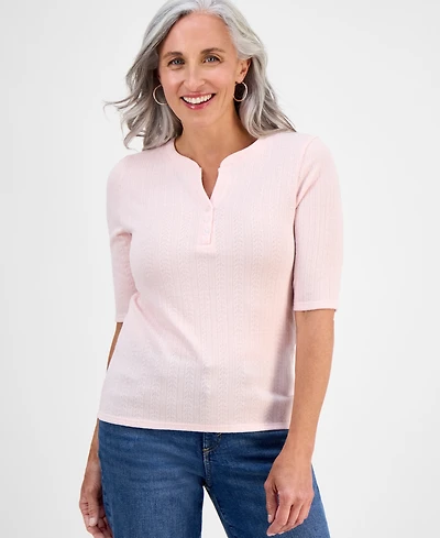 Style & Co Petite Pointelle Elbow-Sleeve Henley Knit Top, Exclusively at Macy's