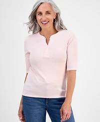 Style & Co Petite Pointelle Elbow-Sleeve Henley Knit Top, Exclusively at Macy's