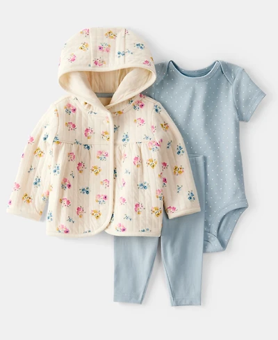 Carter's Baby Girls Floral Quilted Little Jacket, Bodysuit & Pants, 3 Piece Set