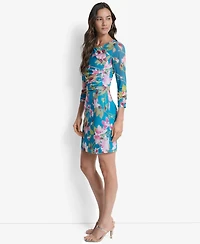 Dkny Petites Printed Ruched 3/4-Sleeve Bodycon Dress