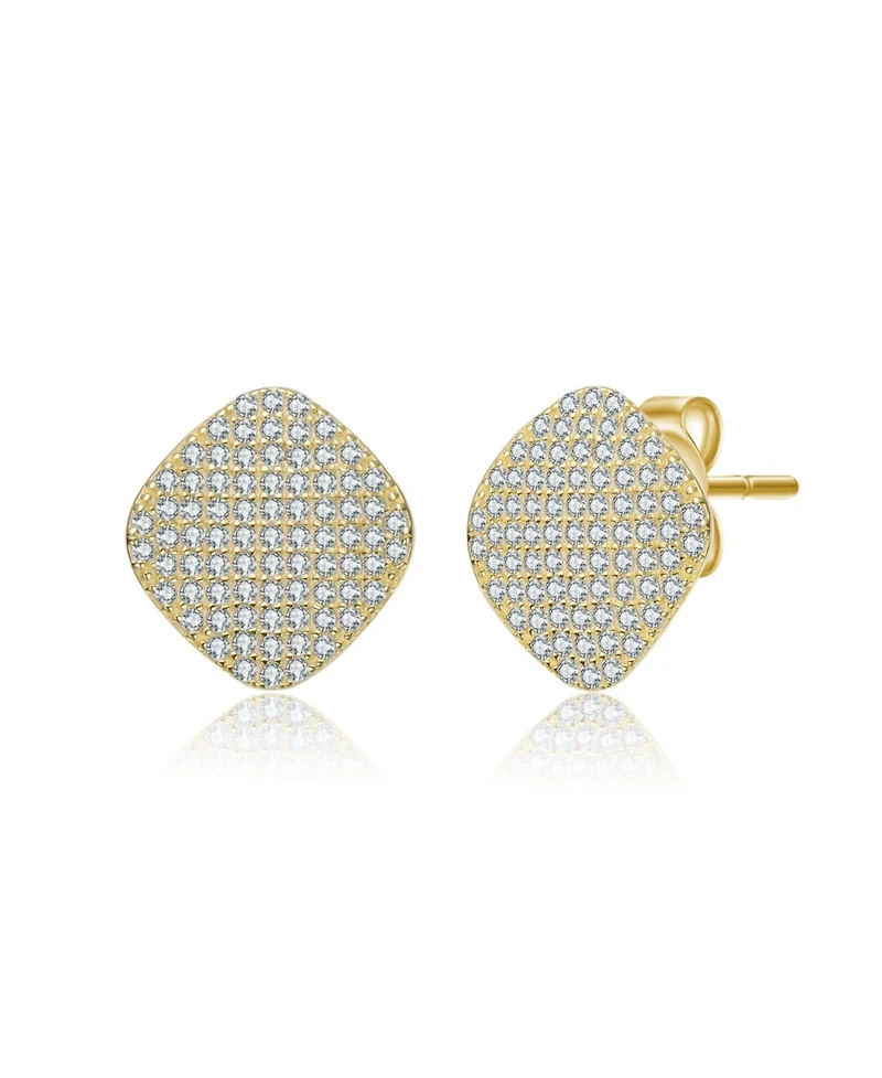 14K Gold Plated with Paved Clear Cubic Zirconia Square Stud Earrings