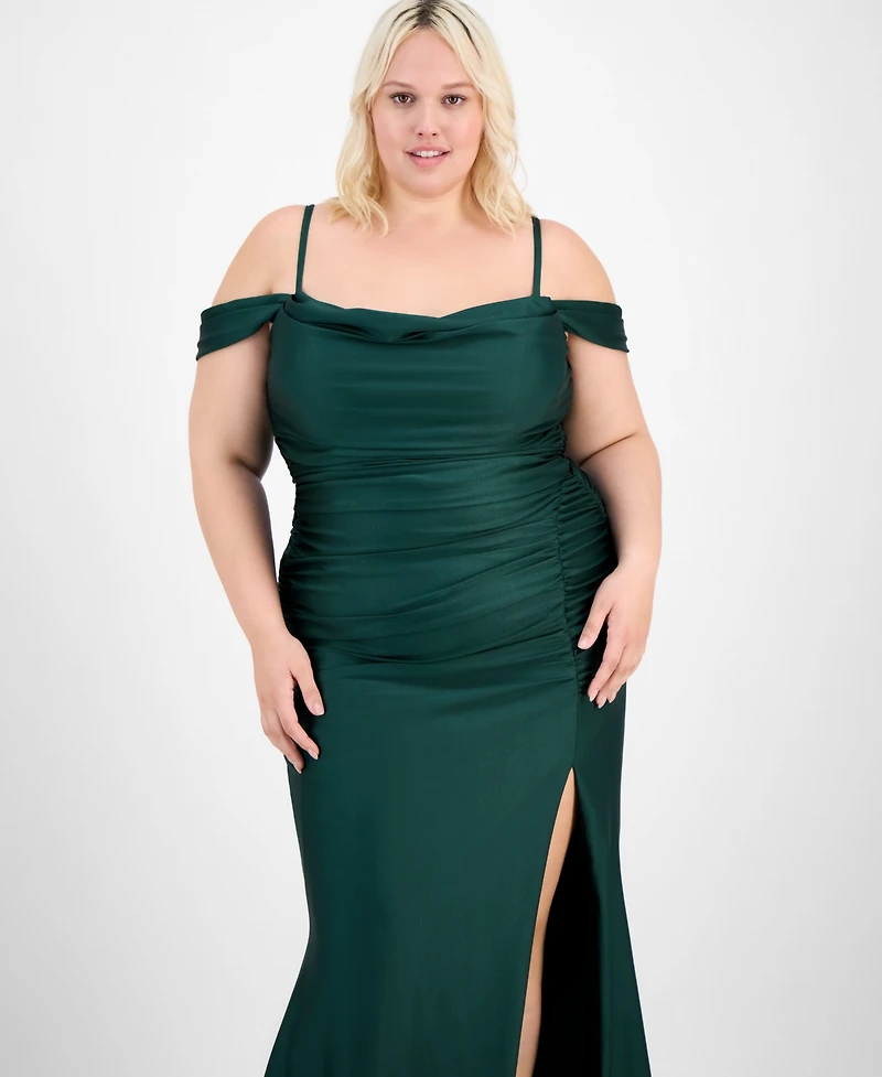 B Darlin Trendy Plus Ruched Cold-Shoulder Gown