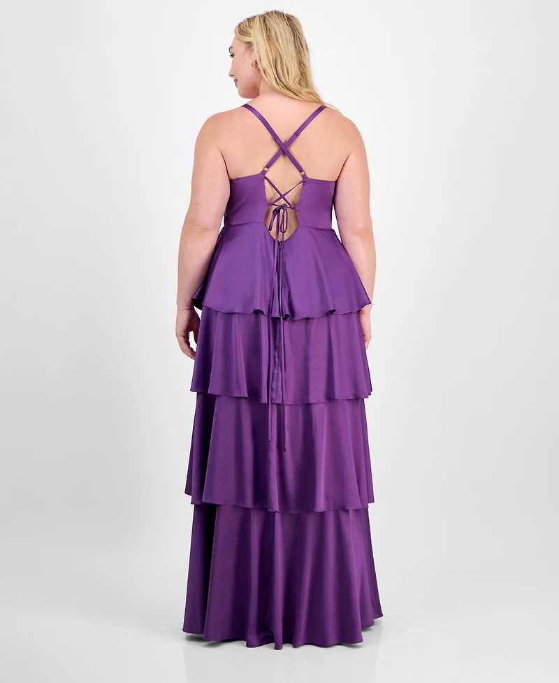 City Studios Trendy Plus Cowl-Neck Tiered Satin Gown