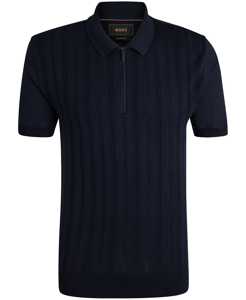 Boss by Hugo Boss Men's Cabled Front Cotton-Silk Knit Polo Shirt
