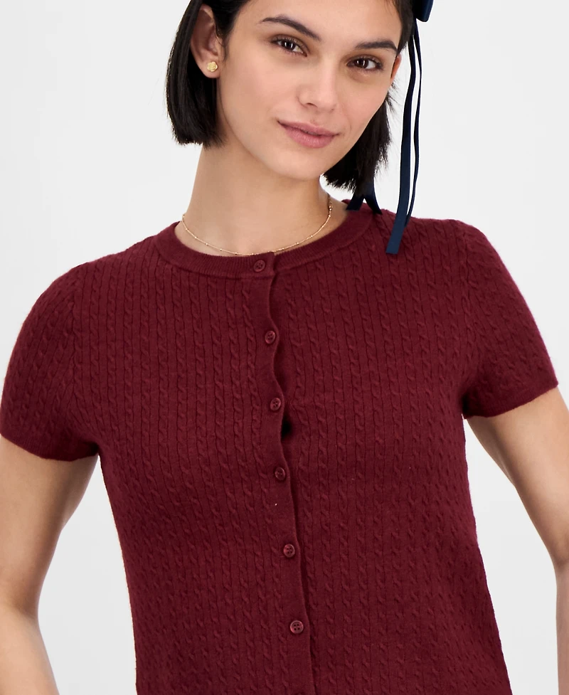 Freshman Juniors' Short-Sleeve Crewneck Cable-Knit Sweater