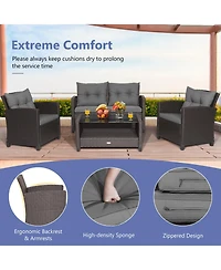 4 Pieces Patio Rattan Conversation Furniture Set with Glass Top Coffee Table