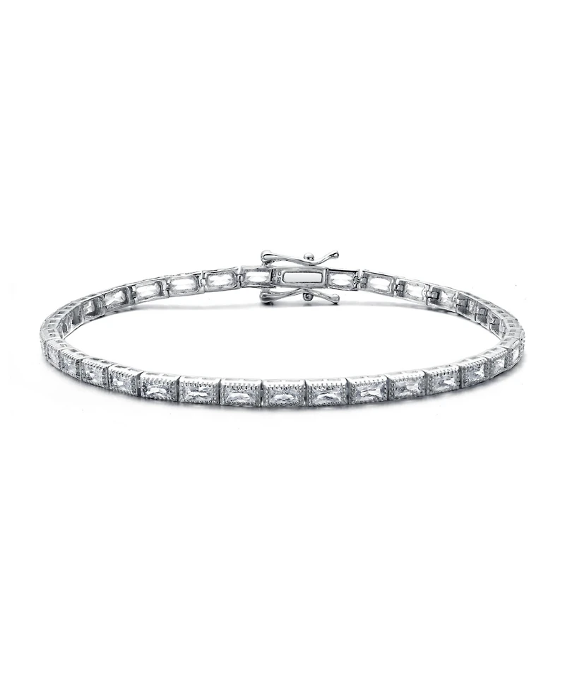 Sterling Silver White Gold Plating with Cubic Zirconia Vintage Milgrain Tennis Bracelet