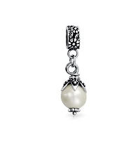 Bling Jewelry Leaf Cap White Simulated Pearl Dangle Charm Bead .925 Sterling Silver Fits European Bracelet